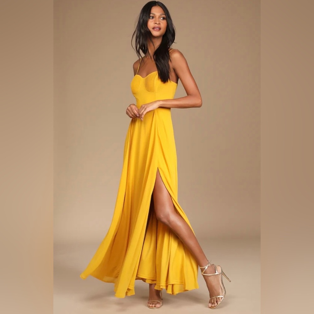 Lulus Cause for Commotion Golden Yellow Pleated Bustier Maxi Dress